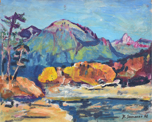 Konrad Sommer: Riederecksee mit Blick auf den Risserkogel und den Plankenstein, 1948, Öl auf Karton, 45,5 x 54,5 cm