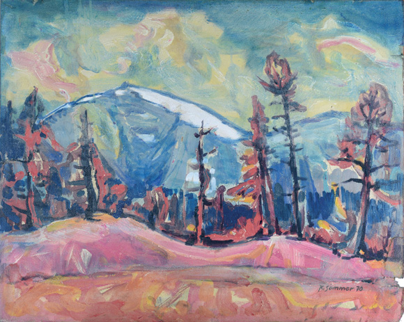 Konrad Sommer: Schweizer Berglandschaft, 1970, Öl/Mischtechnik auf Hartfaser, 56,3 x 70,5 cm 