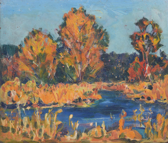 Konrad Sommer: An der Amper, um 1976, Öl auf Karton, 49,0 x 57,0 cm