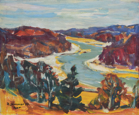 Konrad Sommer: Isar,  1977, Öl auf Karton, 54,0 x 65,0 cm