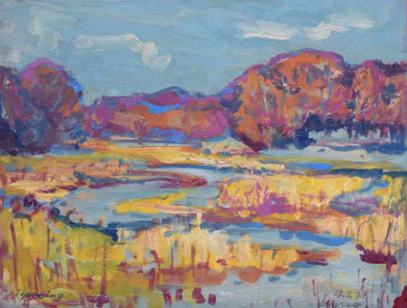 Konrad Sommer: Thanning, Langlauf, 17.1.1979, Öl auf Karton, 37,0 x 49,0 cm
