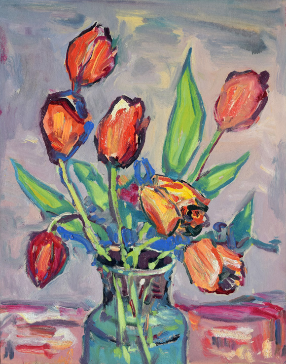 Konrad Sommer: Tulpen, um 1980, Acryl/Öl auf Karton, 49,0 x 38,4 cm