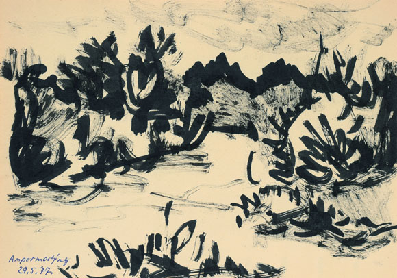 Konrad Sommer: Ampermoching, 29.05.1977, Tusche auf Papier, 20,9 x 29,7 cm 