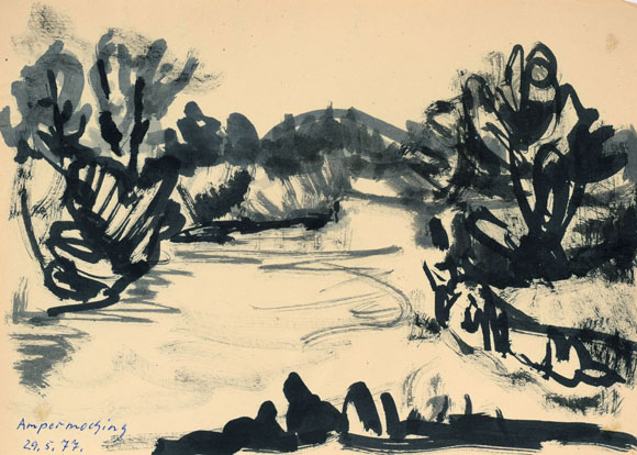Konrad Sommer: Ampermoching, 29.05.1977, Tusche auf Papier, 21,8 x 27,4 cm 