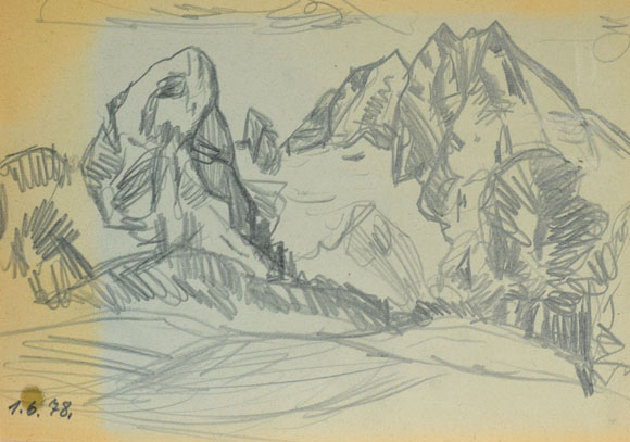 Konrad Sommer: Watzmann, 1.06.1978, Bleistift auf Papier, 19,6 x 27,7 cm