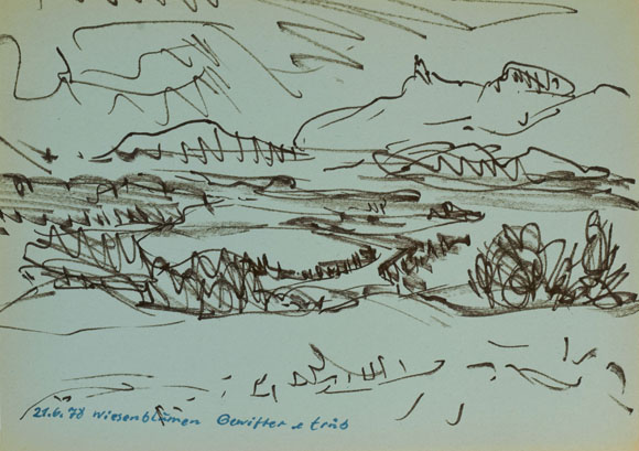 Konrad Sommer:  Voralpenlandschaft mit Wiesen, 21.06.1978, Tintenstifte auf Papier, 20,3 x 28,4 cm