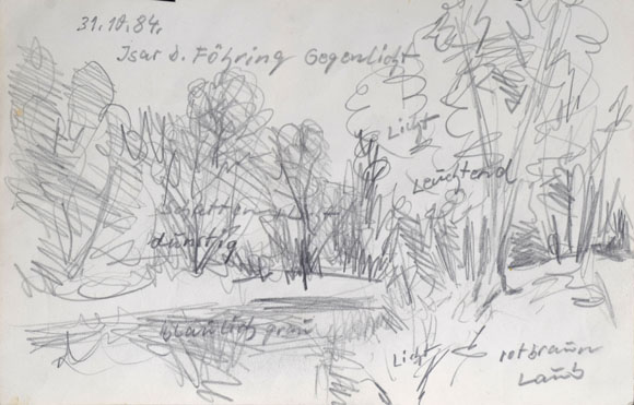 Konrad Sommer: Isar bei Föhring, 31.10.1984, Bleistift auf Papier, 13,4 x 15,5 cm